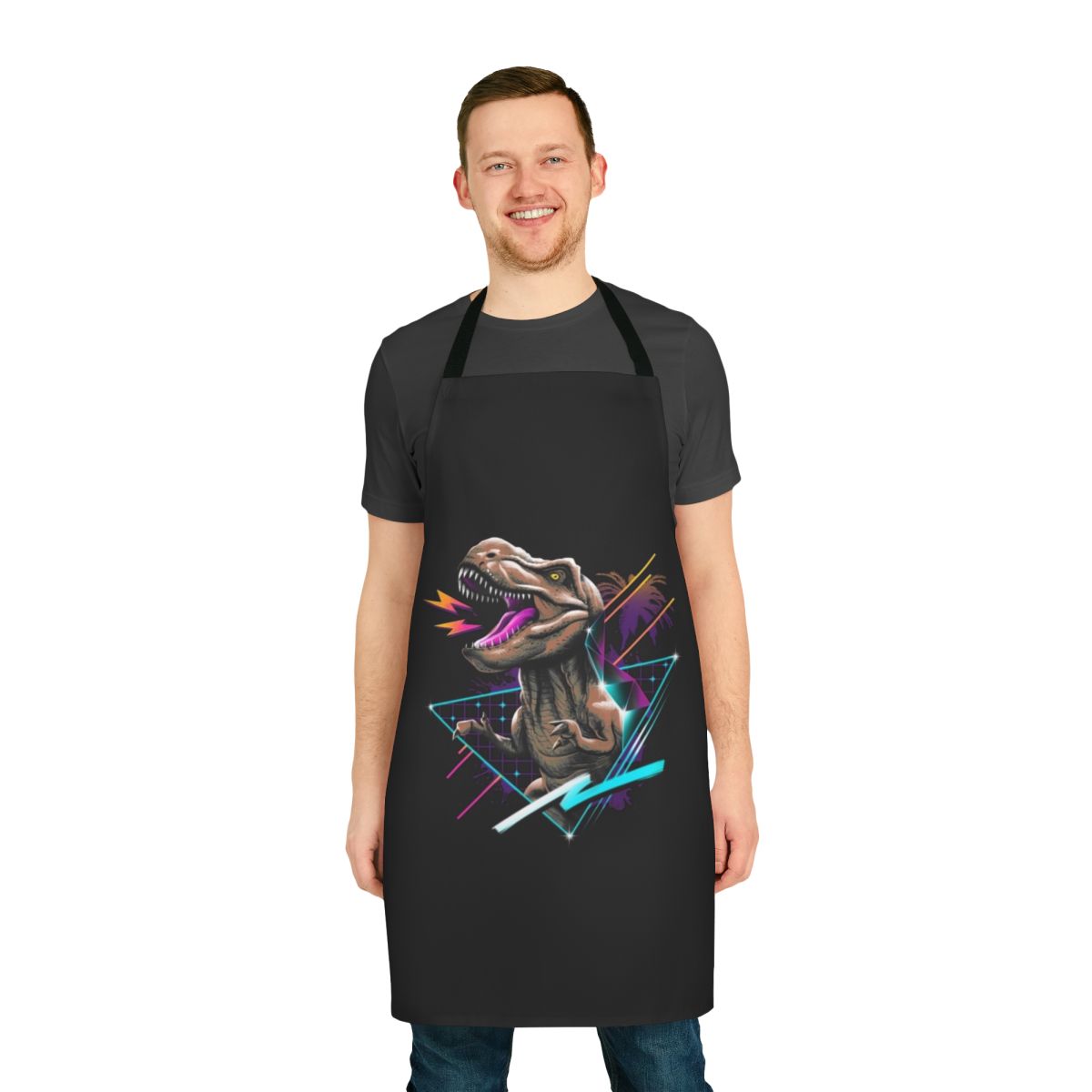 Retro-style apron featuring a bold, graphic Tyrannosaurus Rex design