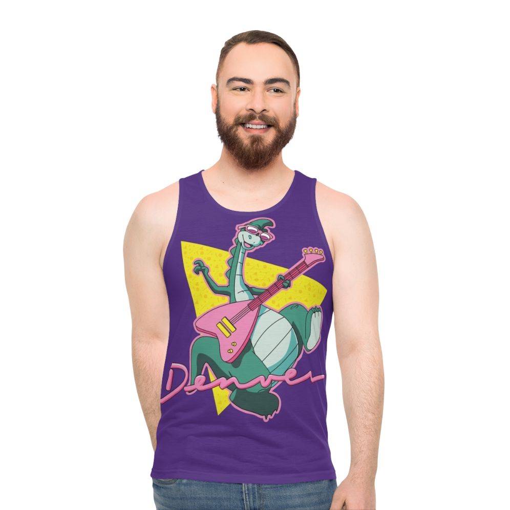 Retro dinosaur unisex tank top with 80s cartoon design