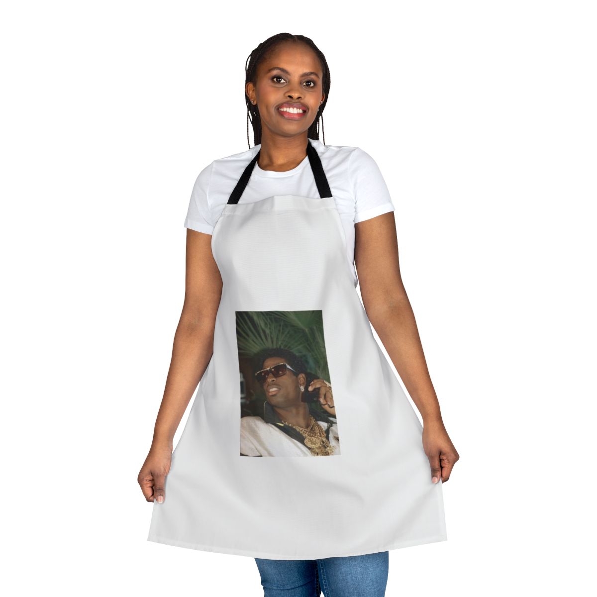Sports fan apron featuring Dion Sanders inspired design