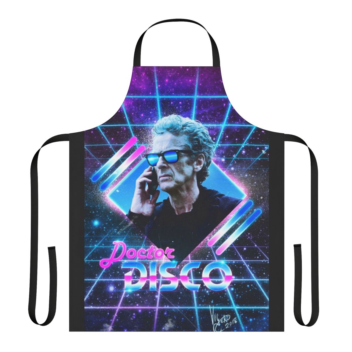 Retro disco doctor apron with neon 80s patterns and the 12th Doctor's signature