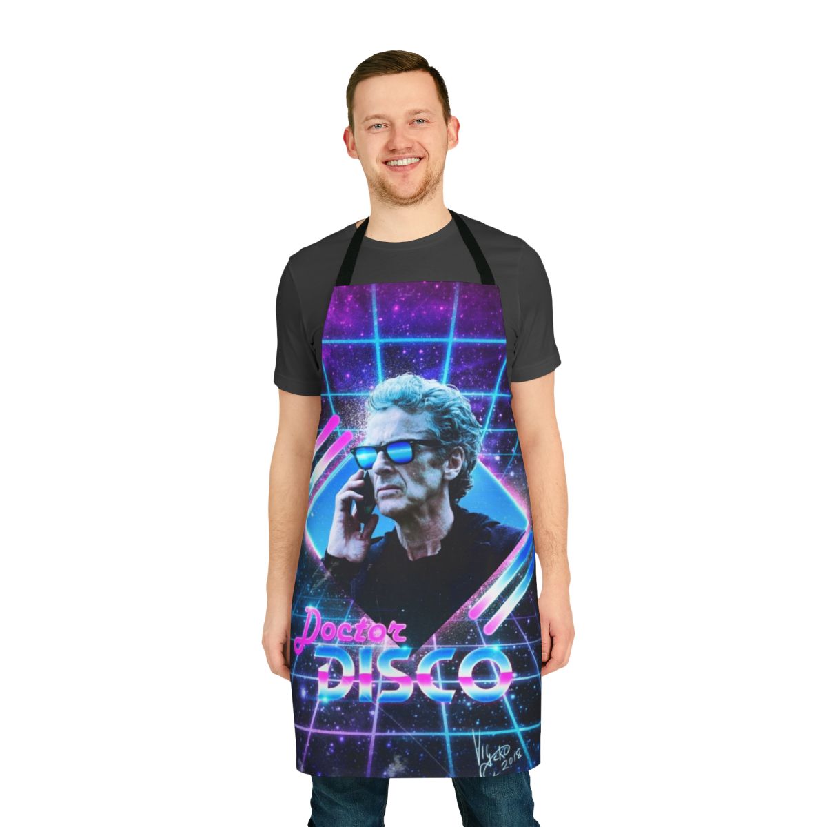 Retro disco doctor apron with neon 80s patterns and the 12th Doctor's signature