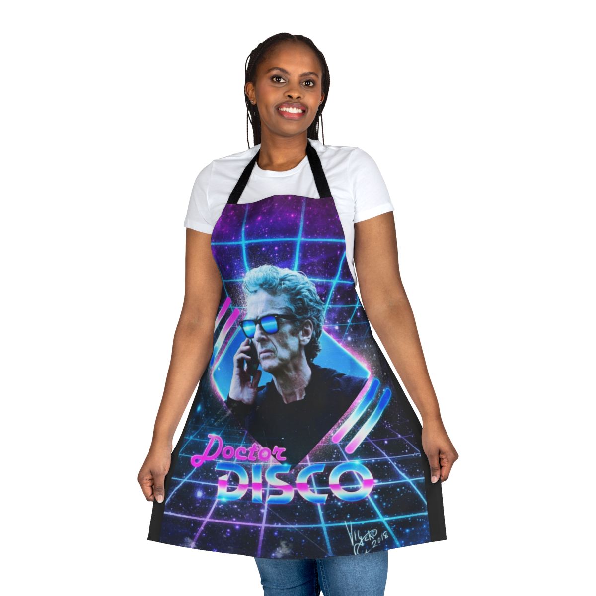 Retro disco doctor apron with neon 80s patterns and the 12th Doctor's signature