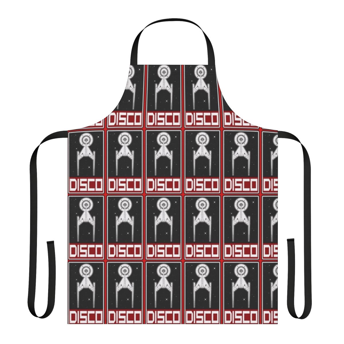 Retro disco-style red apron with Star Trek insignia and design