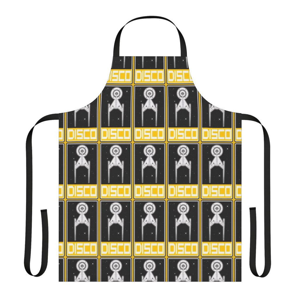 Retro disco-styled yellow apron with a sci-fi, Star Trek-inspired design