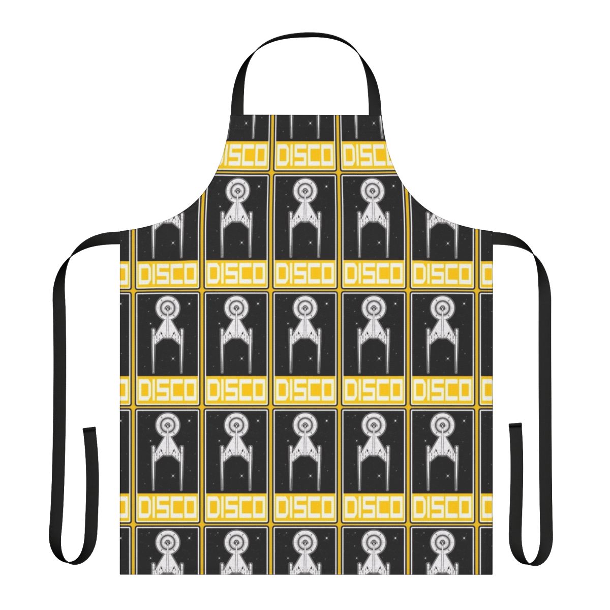 Retro disco-styled yellow apron with a sci-fi, Star Trek-inspired design