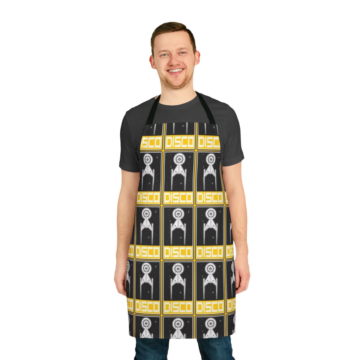 Retro disco-styled yellow apron with a sci-fi, Star Trek-inspired design