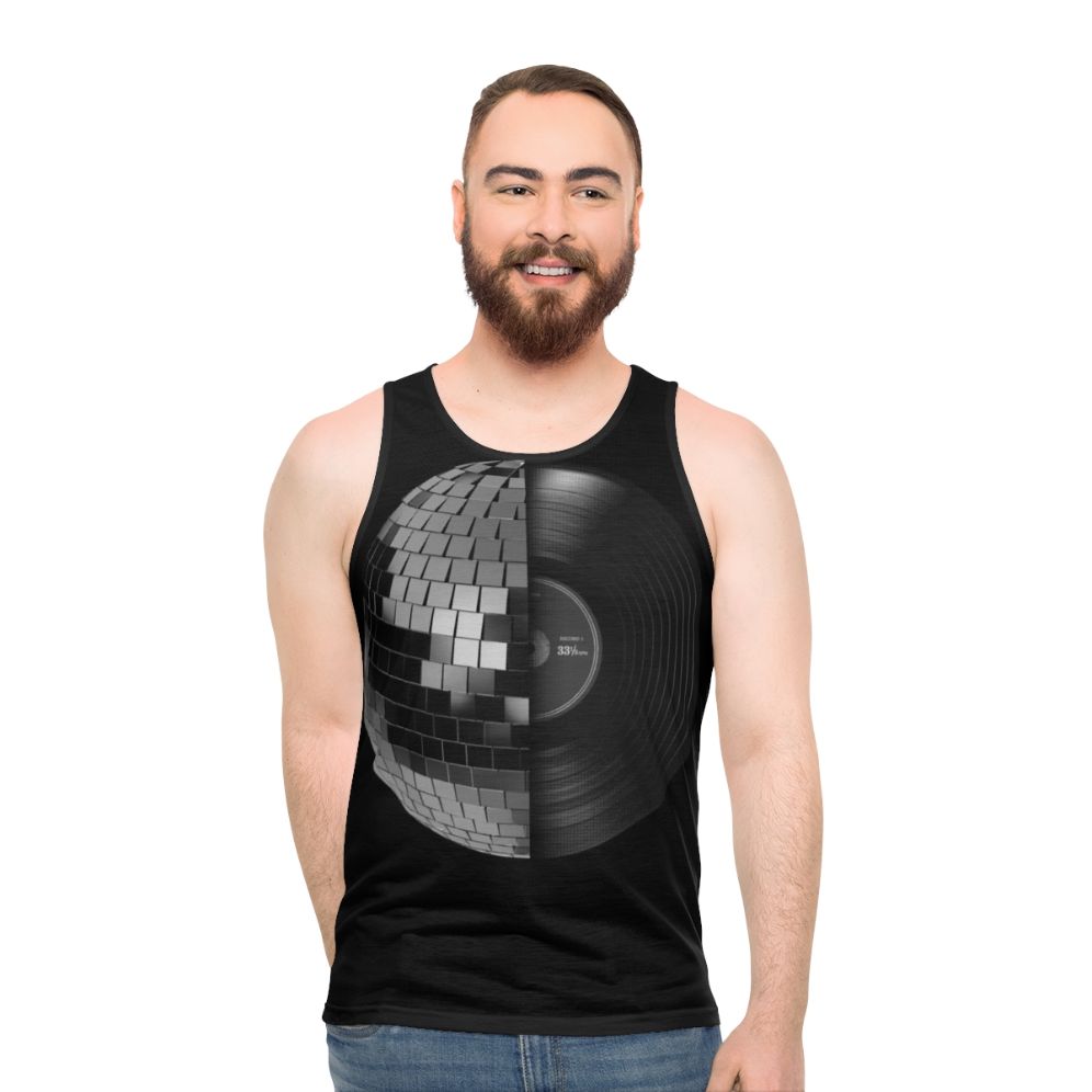 Retro disco unisex tank top with vintage vinyl and mirror ball design