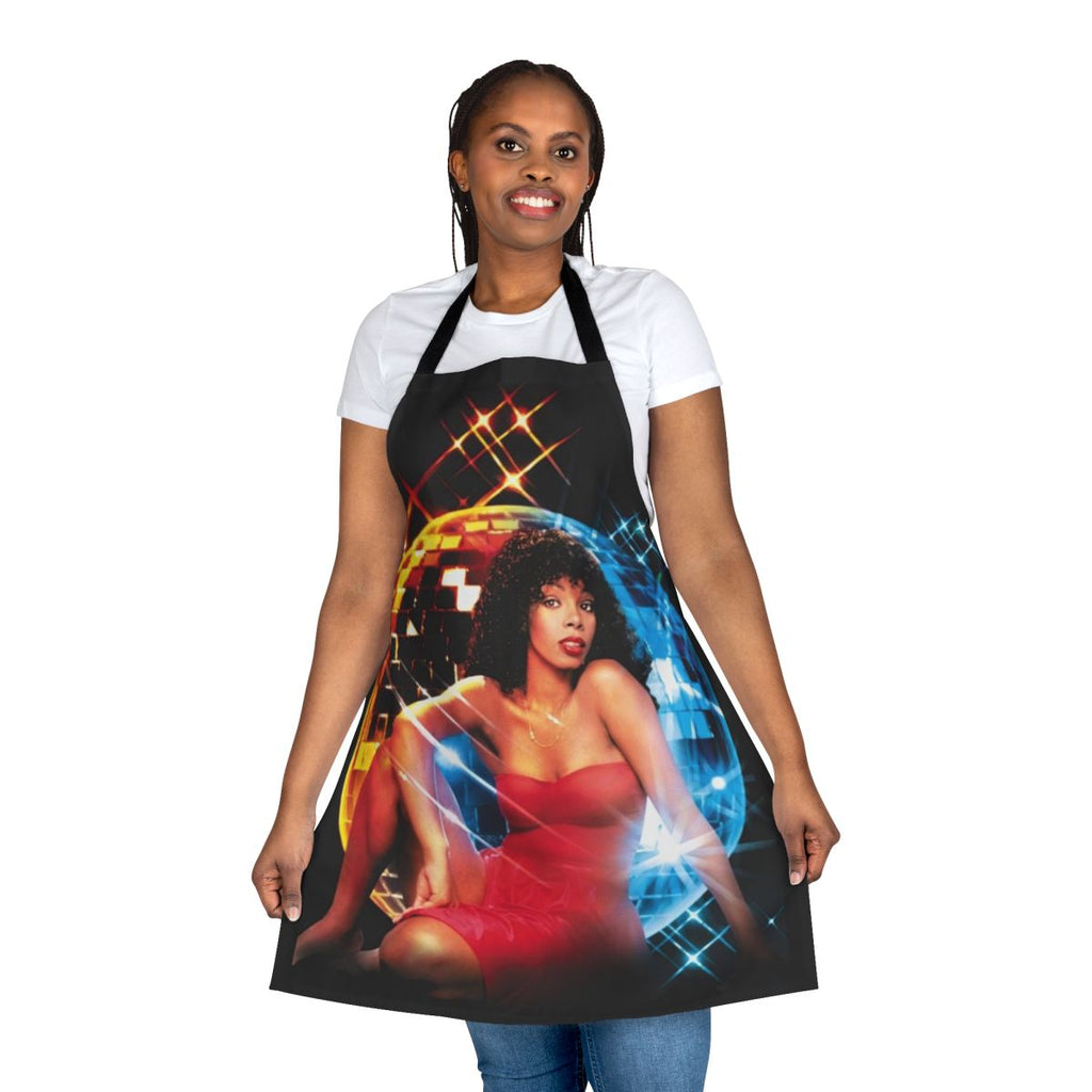 Colorful and vibrant apron featuring the iconic image and name of legendary singer Donna Summer