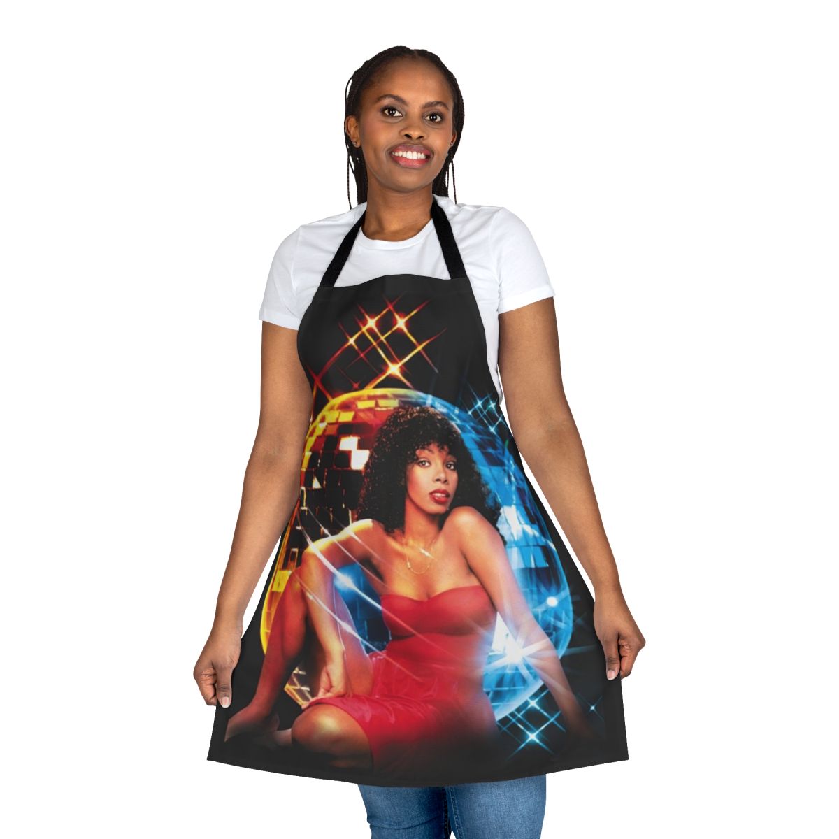 Colorful and vibrant apron featuring the iconic image and name of legendary singer Donna Summer