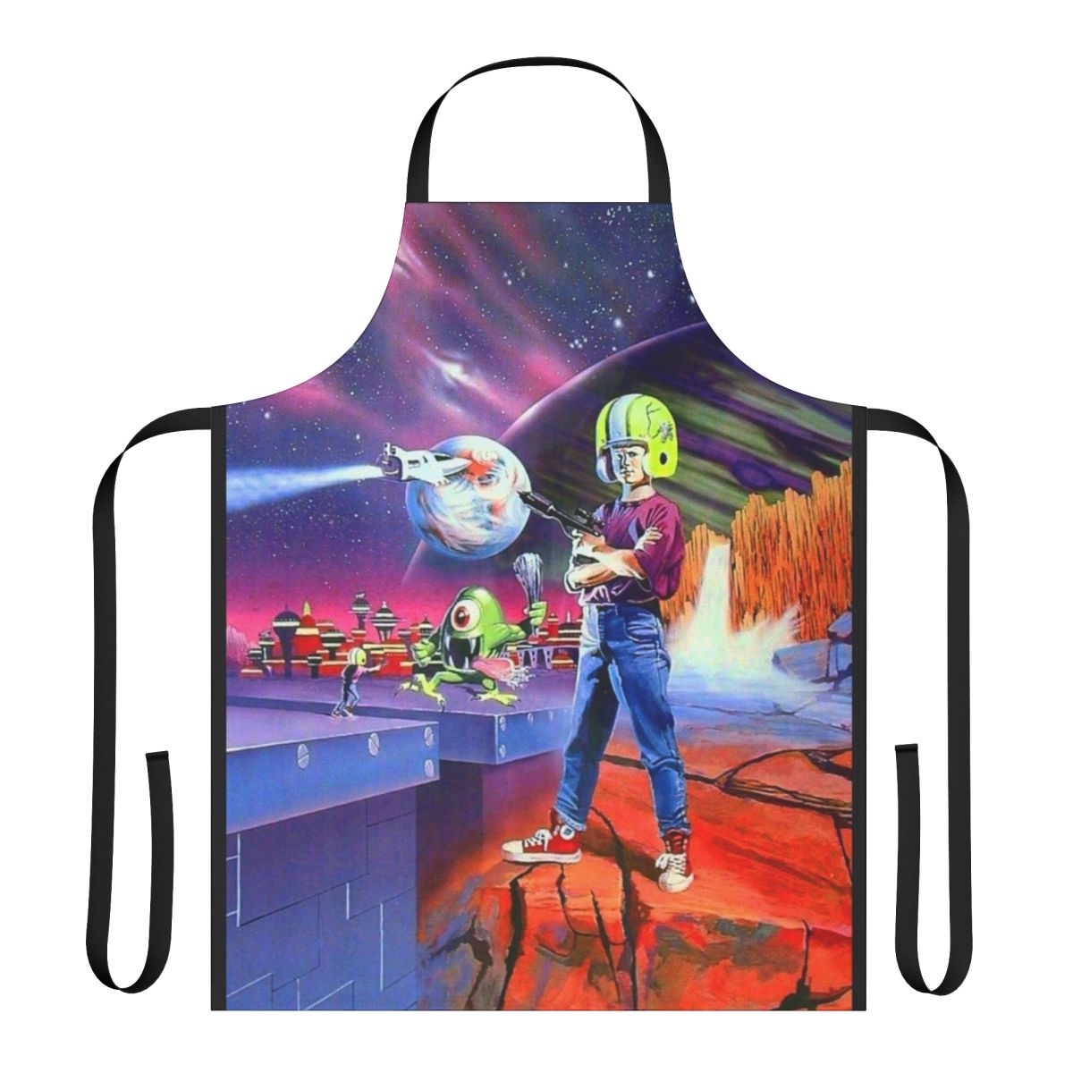 A stylish and functional apron featuring a retro-inspired design inspired by the classic PC game Commander Keen.