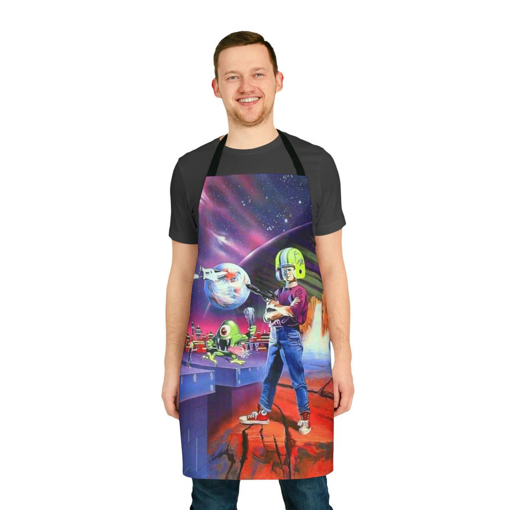 A stylish and functional apron featuring a retro-inspired design inspired by the classic PC game Commander Keen.