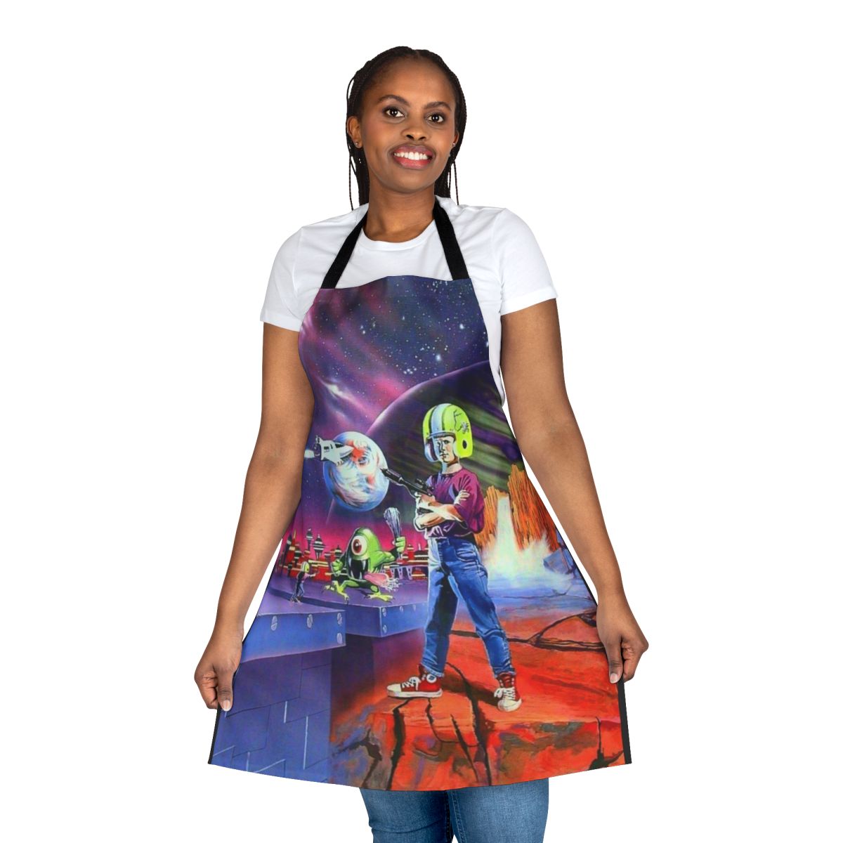 A stylish and functional apron featuring a retro-inspired design inspired by the classic PC game Commander Keen.