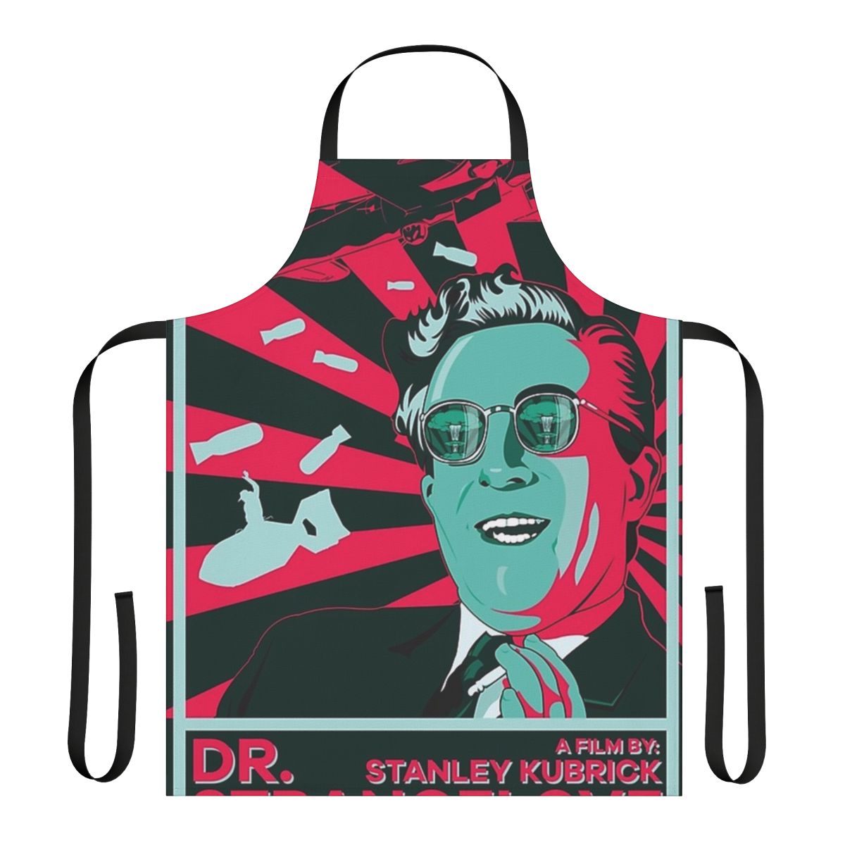 Retro Dr. Strangelove inspired apron with a satirical black comedy theme, featuring a unique design for film and kitchen enthusiasts.