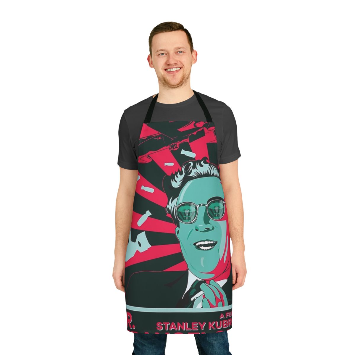 Retro Dr. Strangelove inspired apron with a satirical black comedy theme, featuring a unique design for film and kitchen enthusiasts.