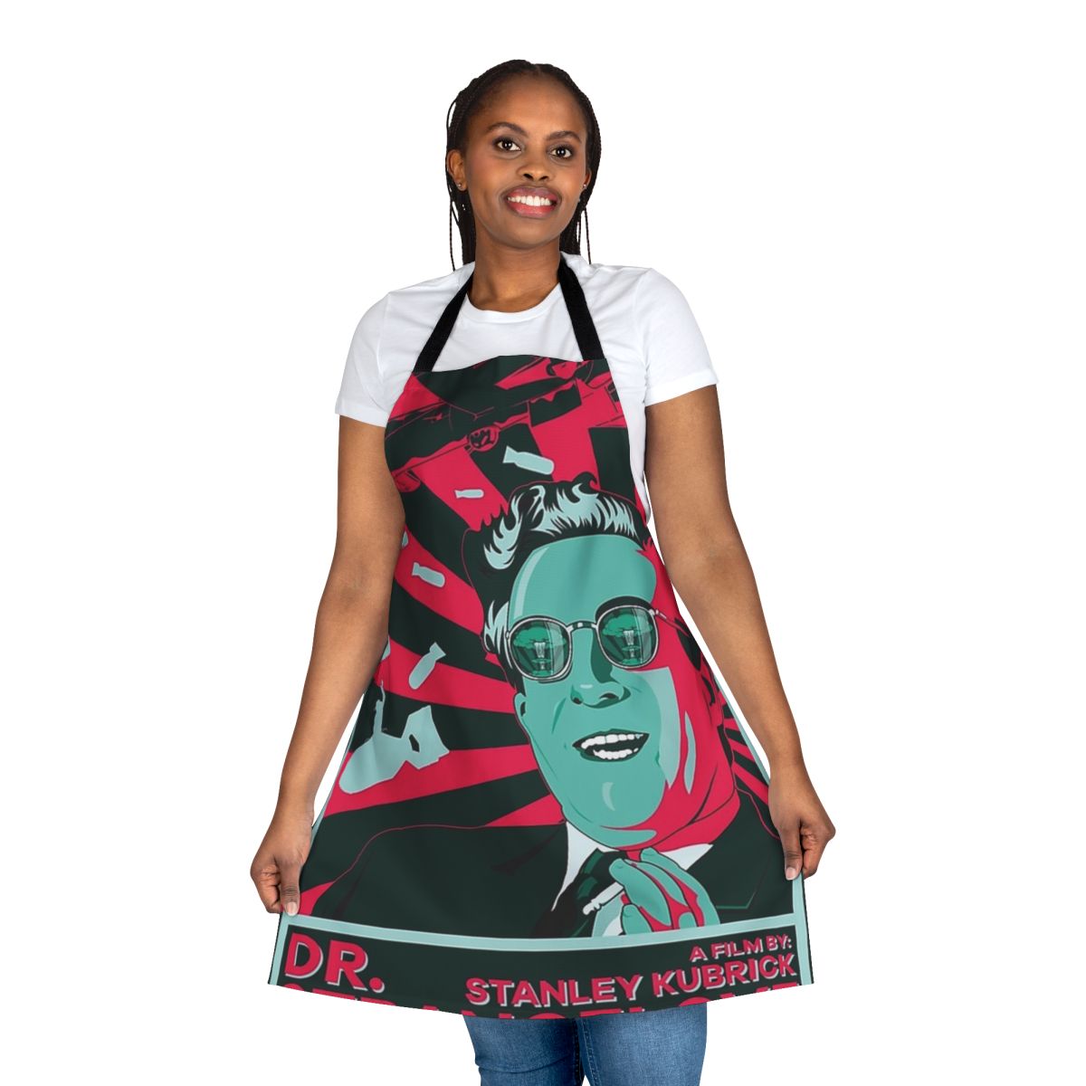 Retro Dr. Strangelove inspired apron with a satirical black comedy theme, featuring a unique design for film and kitchen enthusiasts.