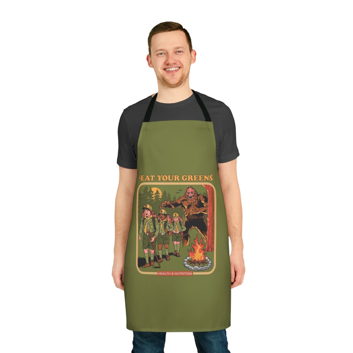 Retro "Eat Your Greens" Funny Apron with Bigfoot, Monster, 70s/80s Inspired Design