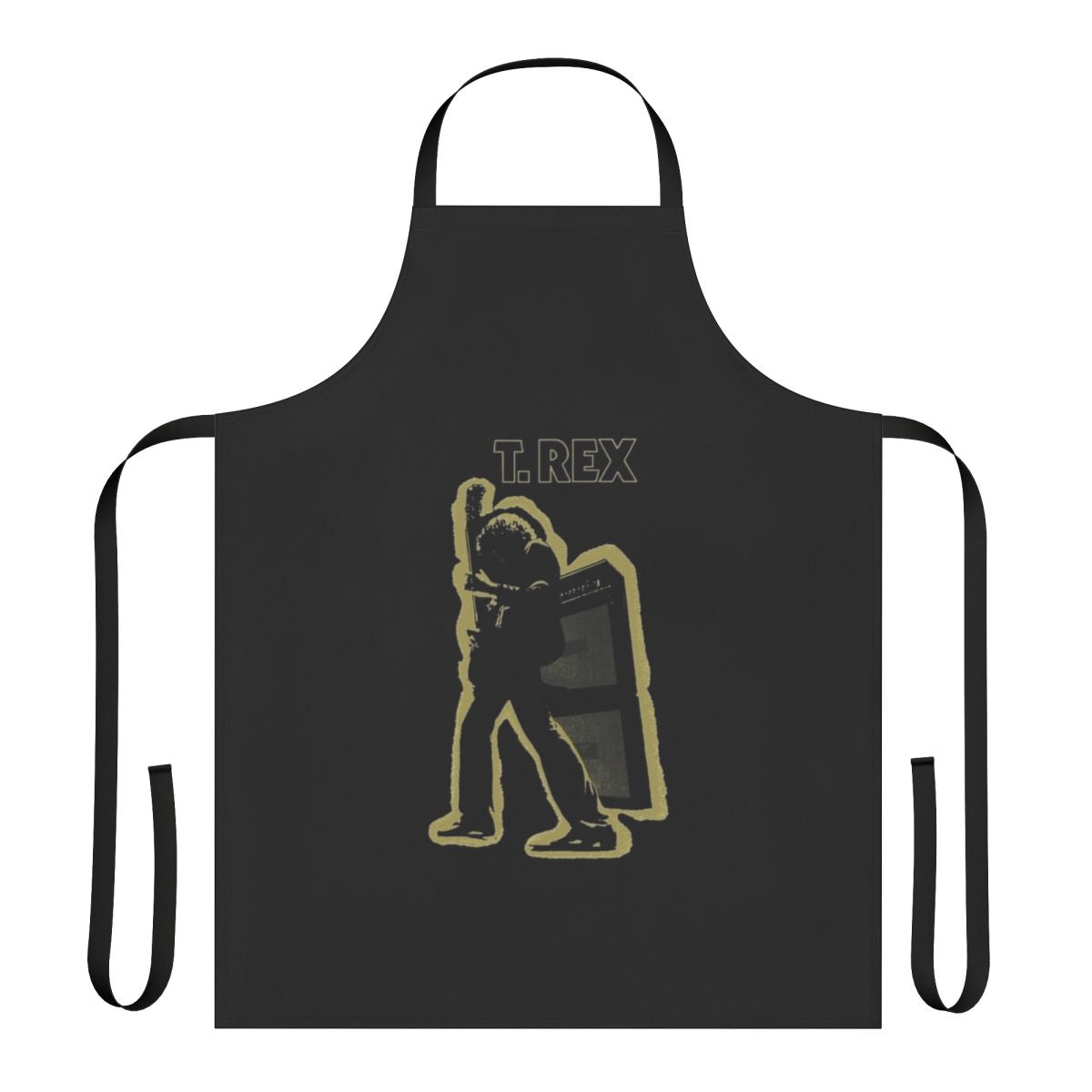 Retro-style electric warrior apron with a vintage t-rex graphic, paying homage to the 70s glam rock era and the band T.Rex.
