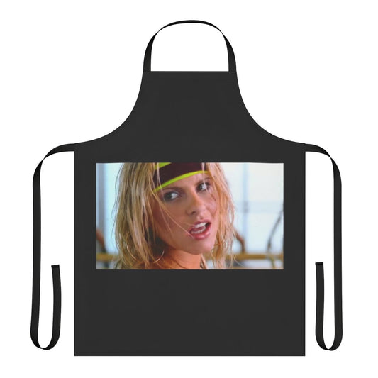 Woman wearing a stylish apron with an electronic dance music inspired design