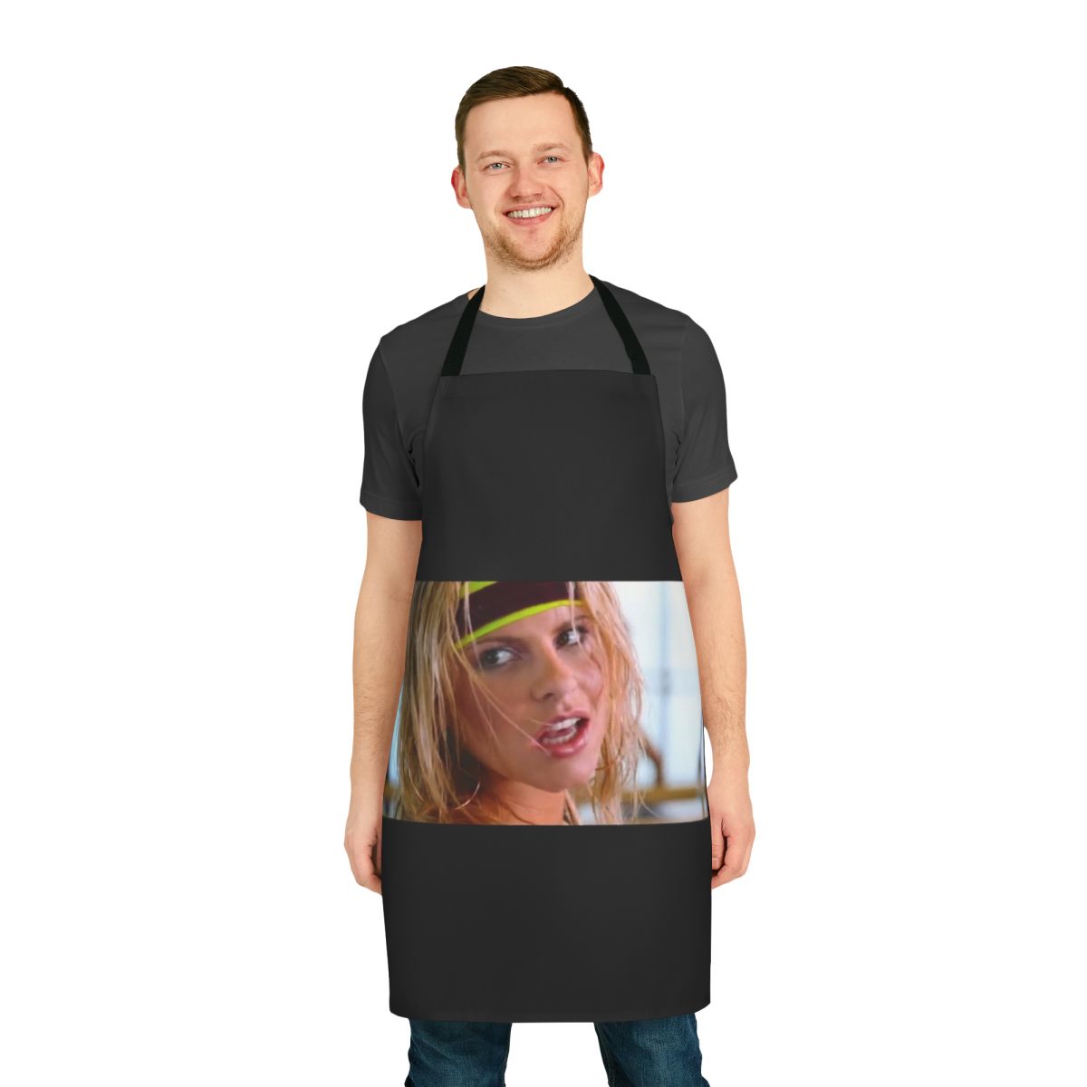 Woman wearing a stylish apron with an electronic dance music inspired design