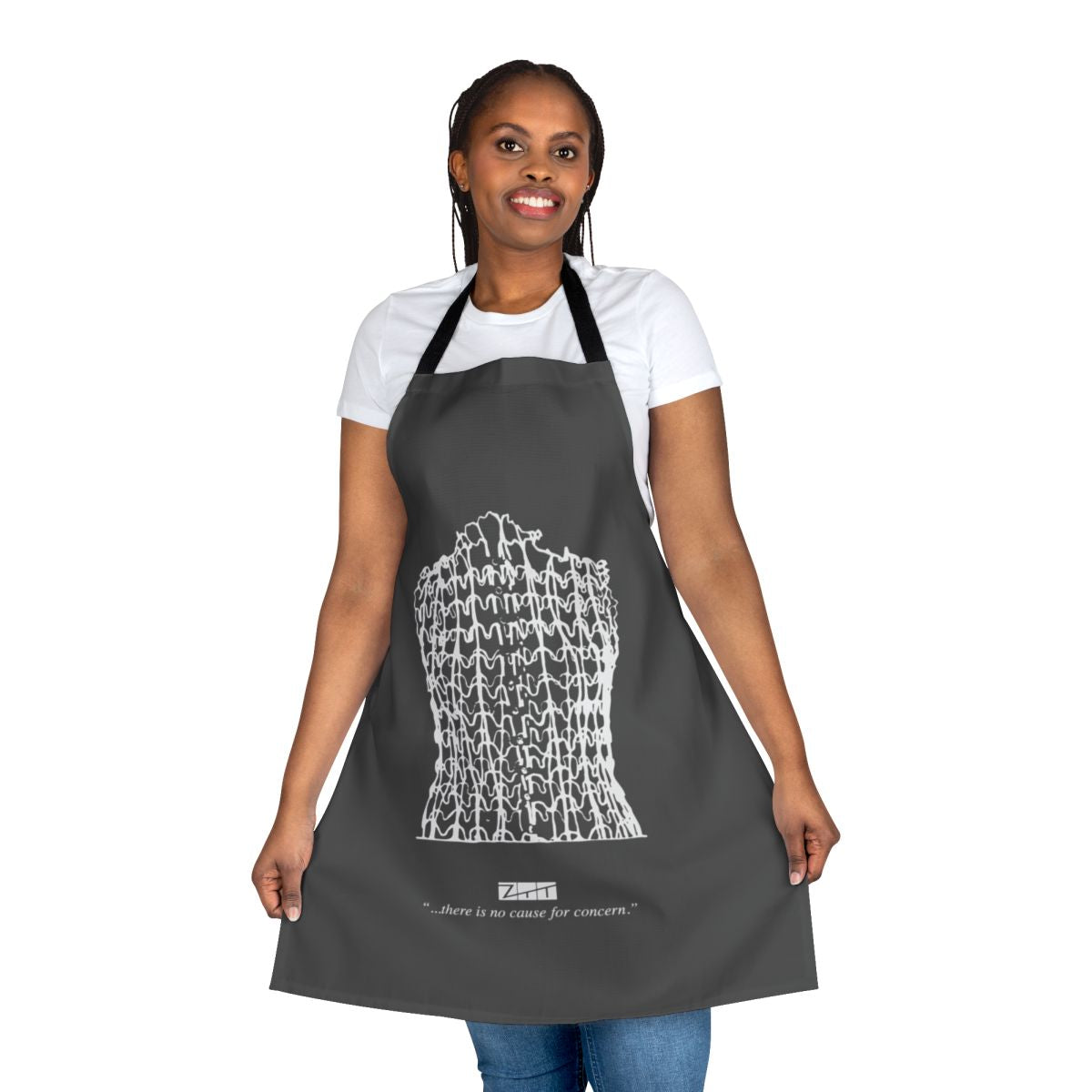 Retro-styled cooking apron featuring electronic music and synthpop graphics