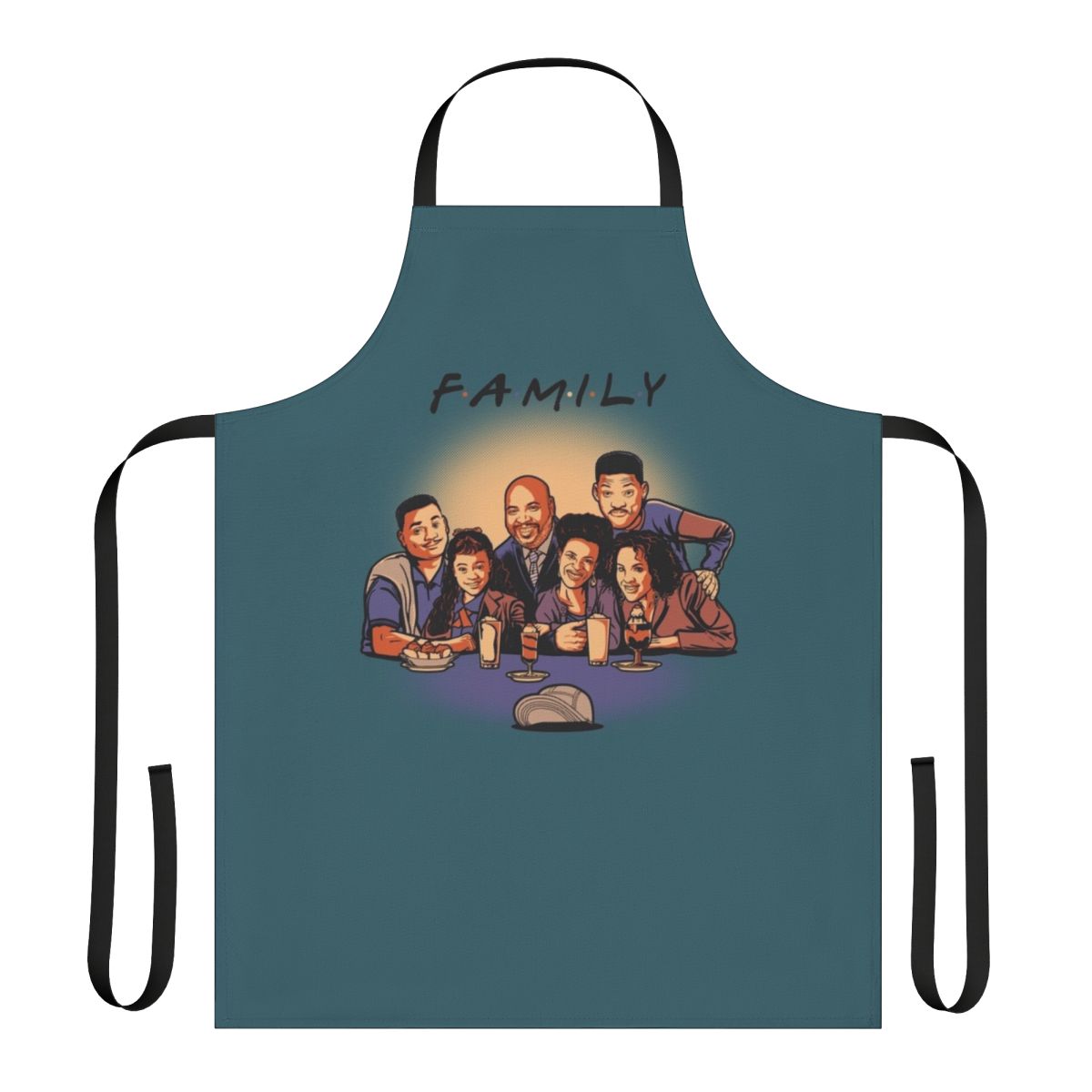 Vibrant green and lilac family apron with images of the Fresh Prince of Bel-Air cast