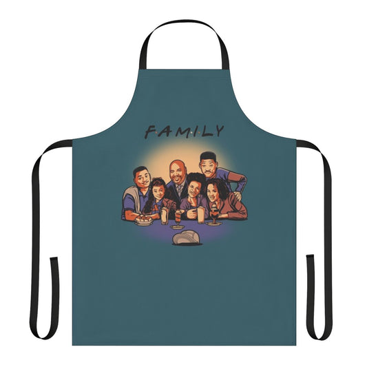 Vibrant green and lilac family apron with images of the Fresh Prince of Bel-Air cast