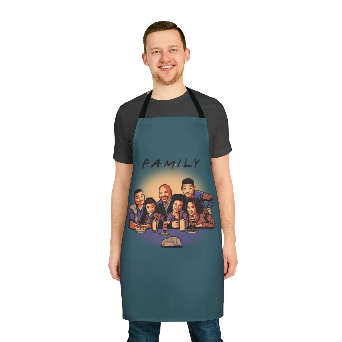 Vibrant green and lilac family apron with images of the Fresh Prince of Bel-Air cast