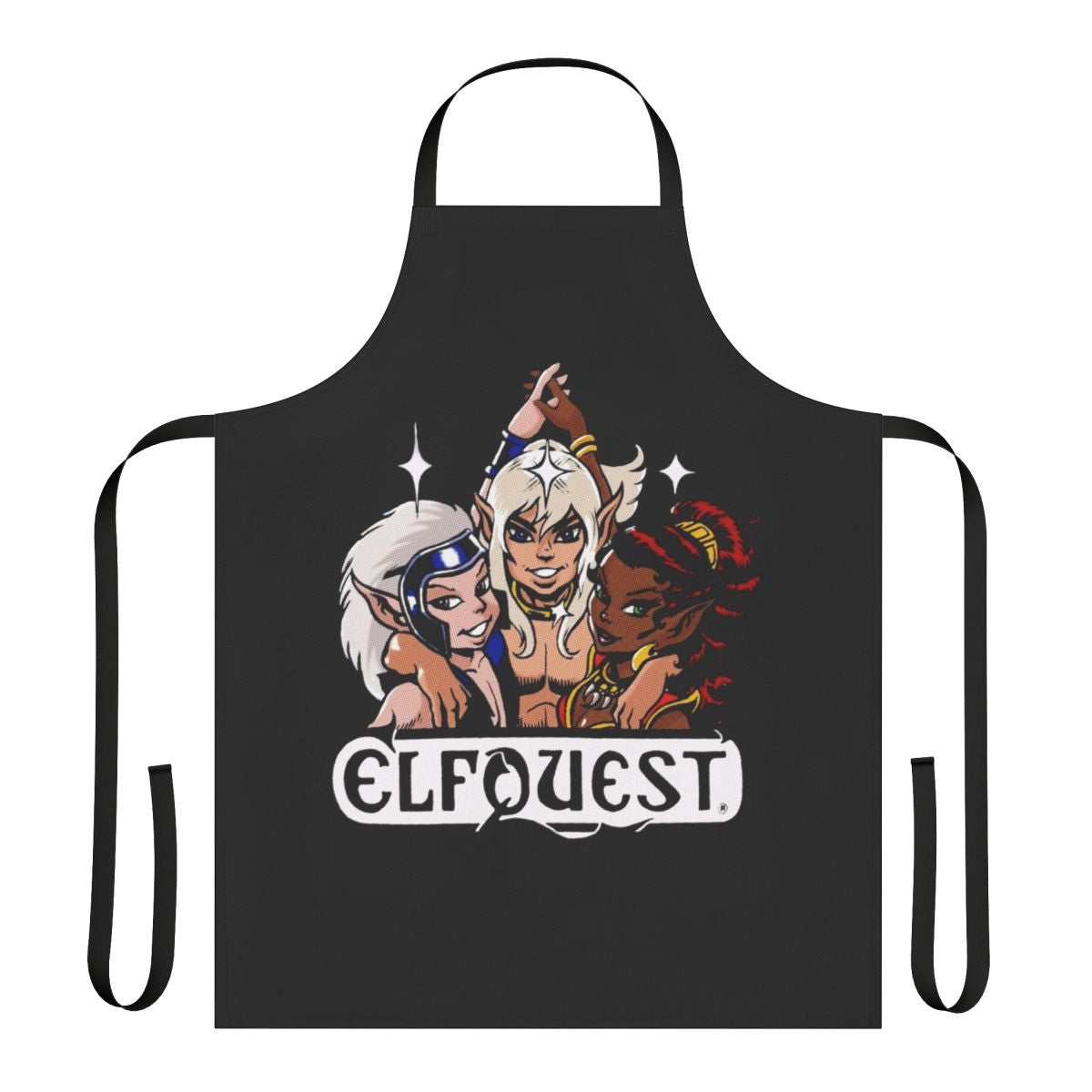 A retro-style apron featuring fantasy art and elements inspired by the Elfquest comic book series
