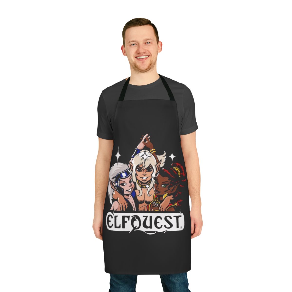 A retro-style apron featuring fantasy art and elements inspired by the Elfquest comic book series