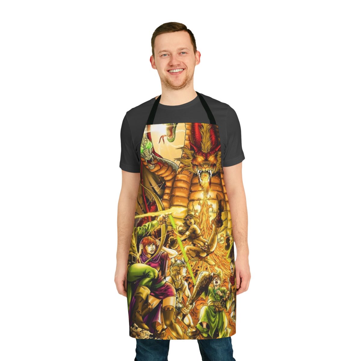 A dragon-themed cooking apron with retro gaming and fantasy art inspired design