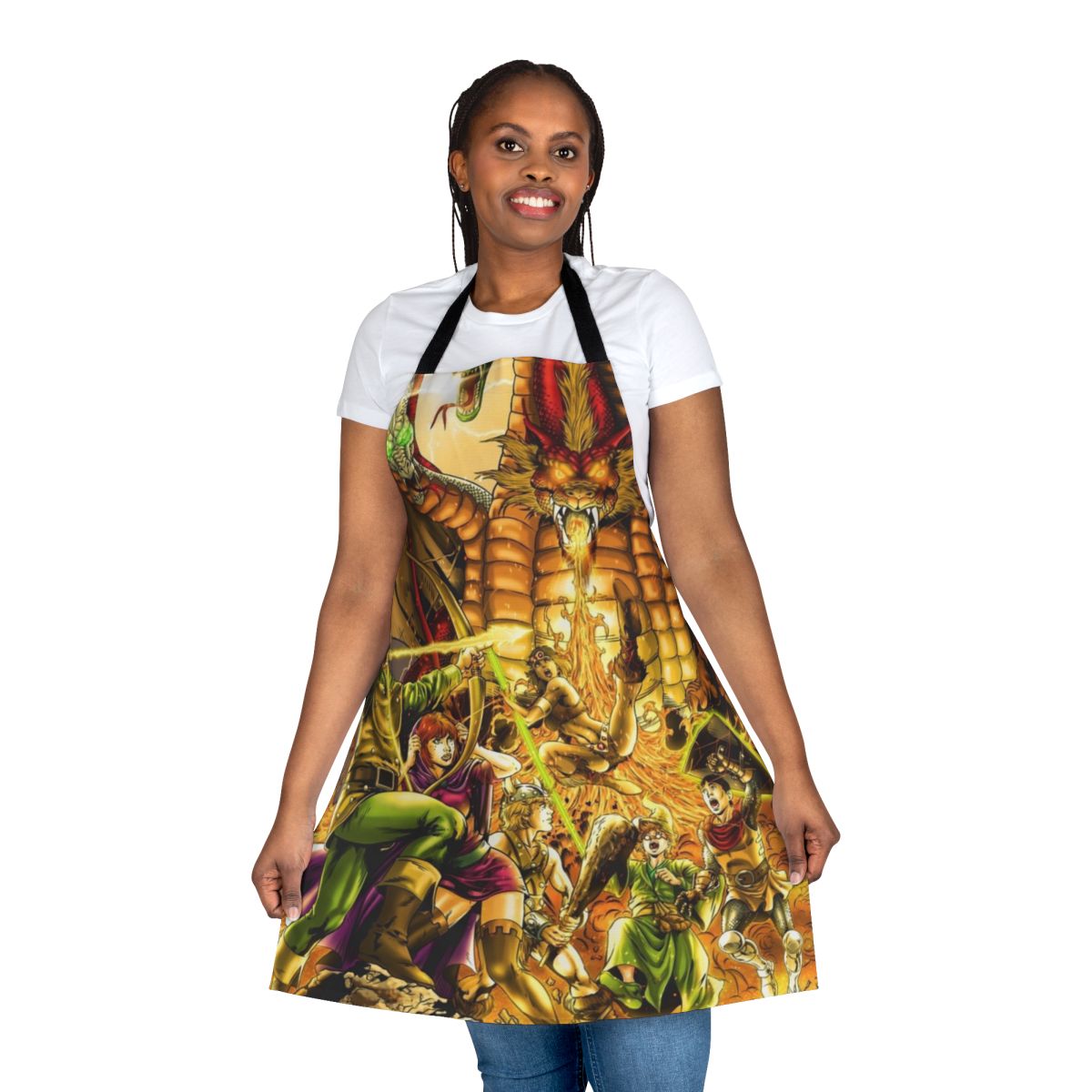 A dragon-themed cooking apron with retro gaming and fantasy art inspired design