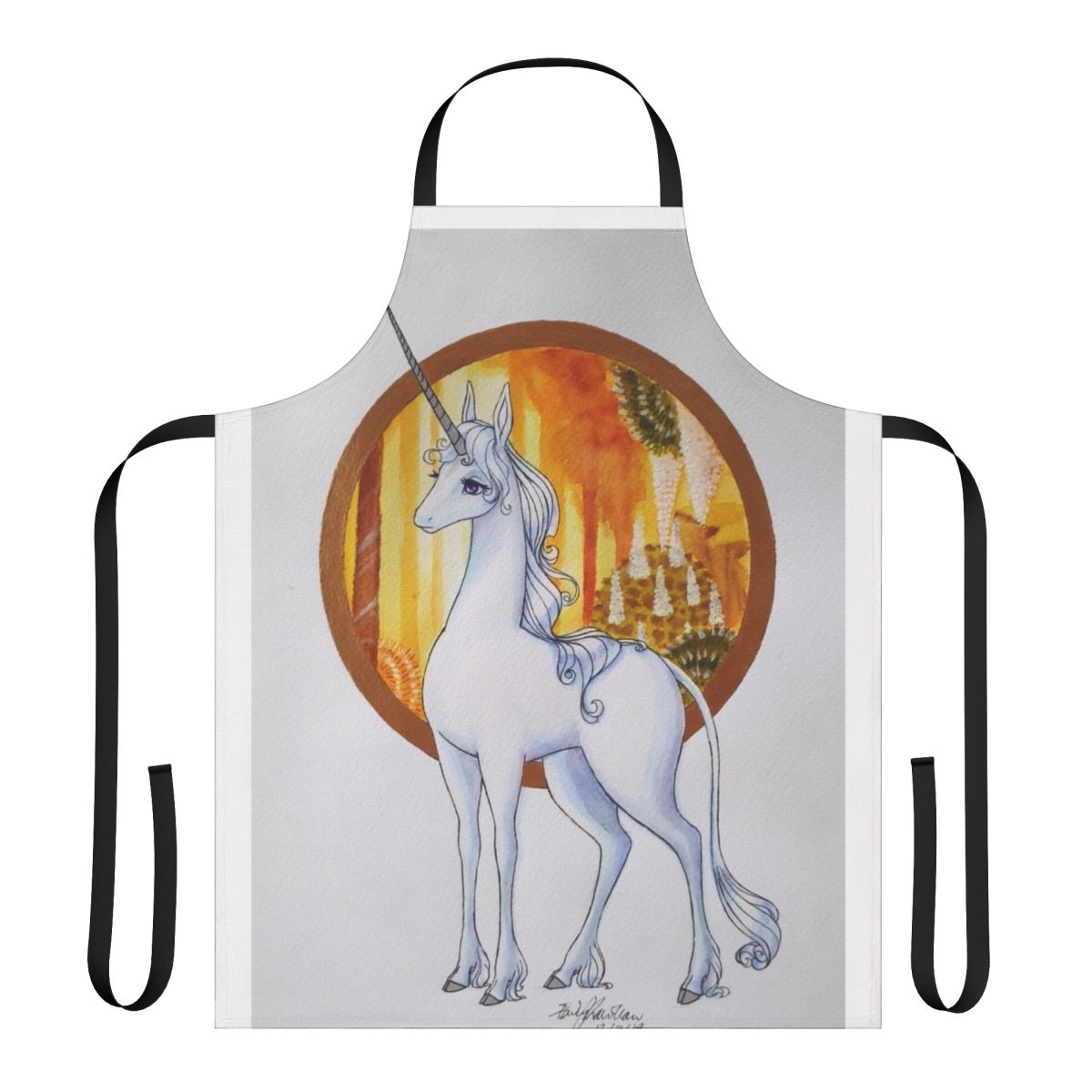 Colorful and glittery retro-style apron featuring unicorns and fantasy motifs, inspired by the classic 1980s animated film "The Last Unicorn".