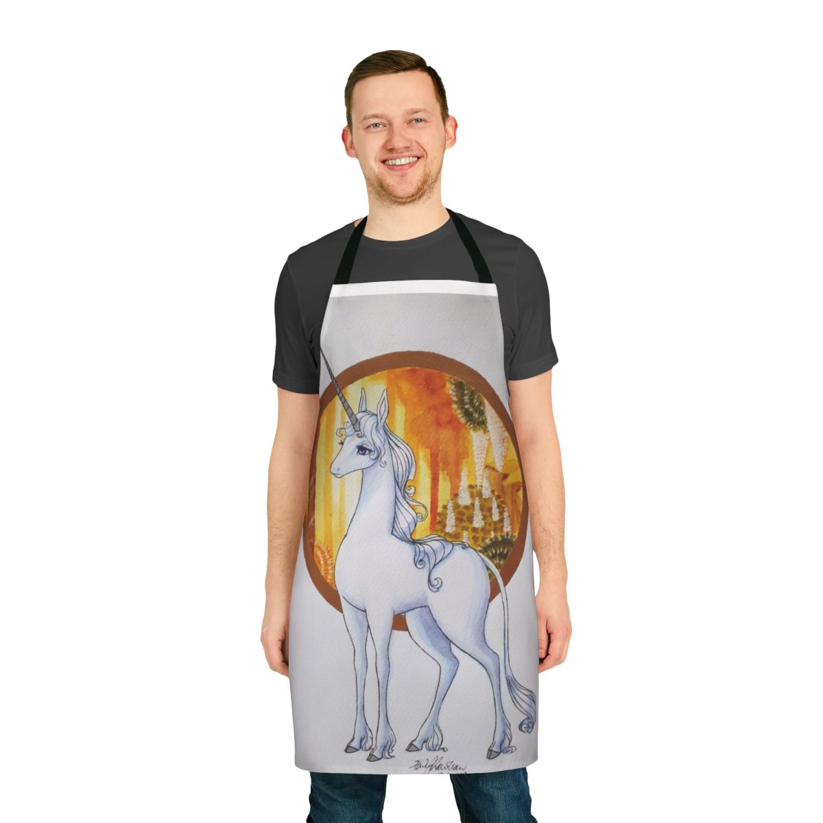 Colorful and glittery retro-style apron featuring unicorns and fantasy motifs, inspired by the classic 1980s animated film "The Last Unicorn".