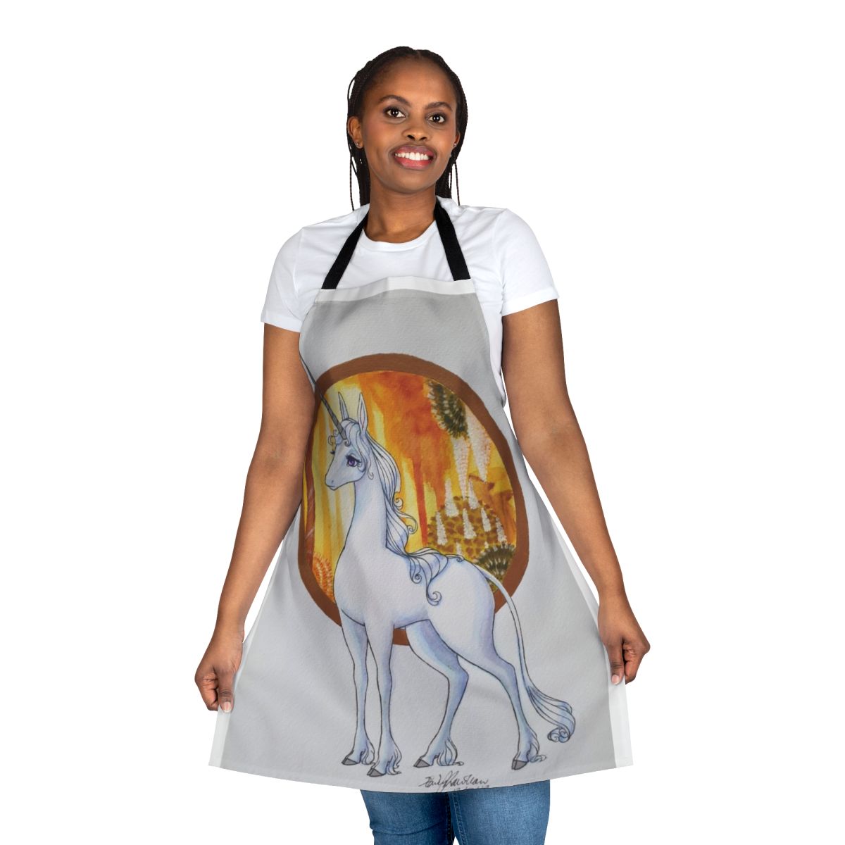 Colorful and glittery retro-style apron featuring unicorns and fantasy motifs, inspired by the classic 1980s animated film "The Last Unicorn".
