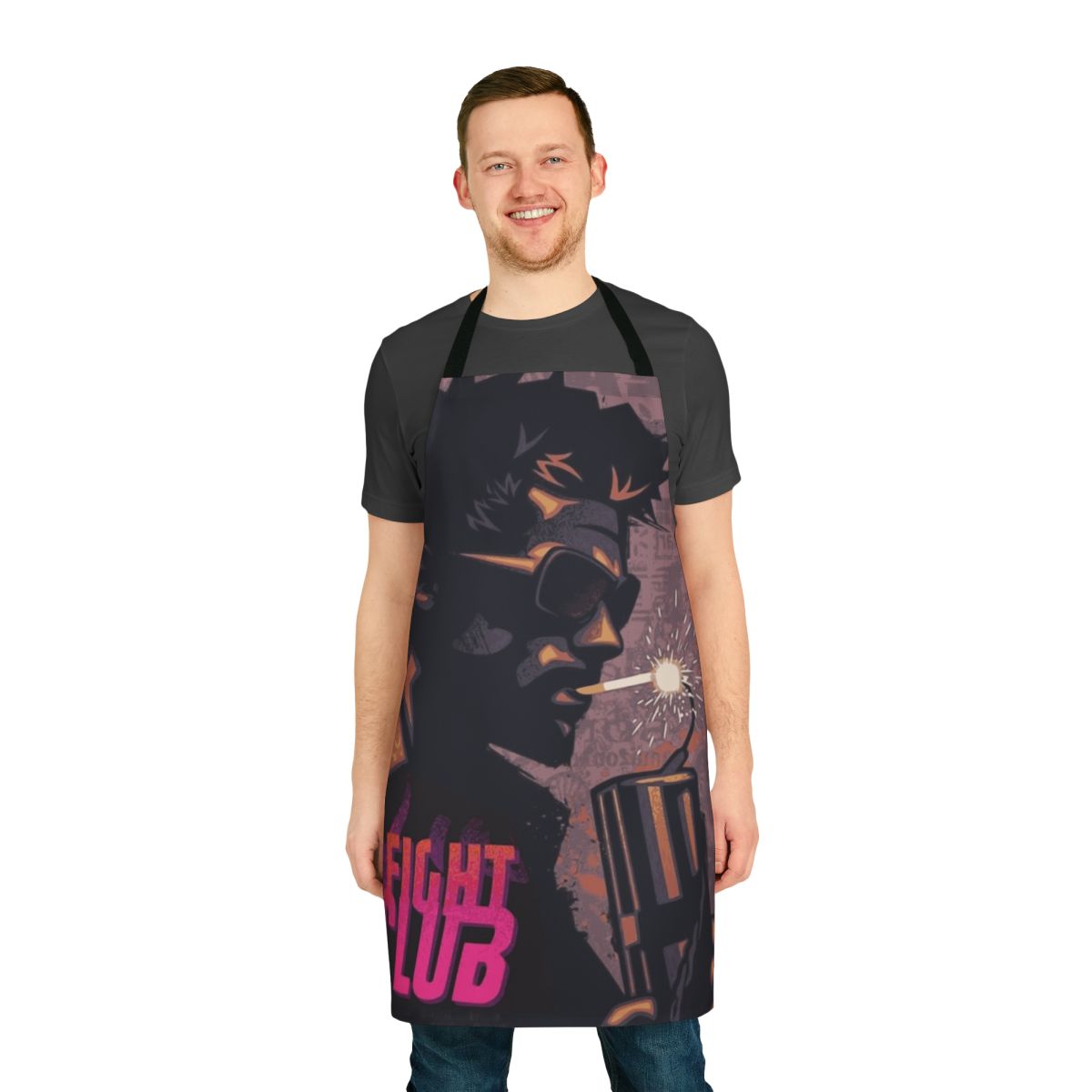 Retro-styled apron featuring an illustration of Tyler Durden from the cult film Fight Club smoking a lit dynamite stick