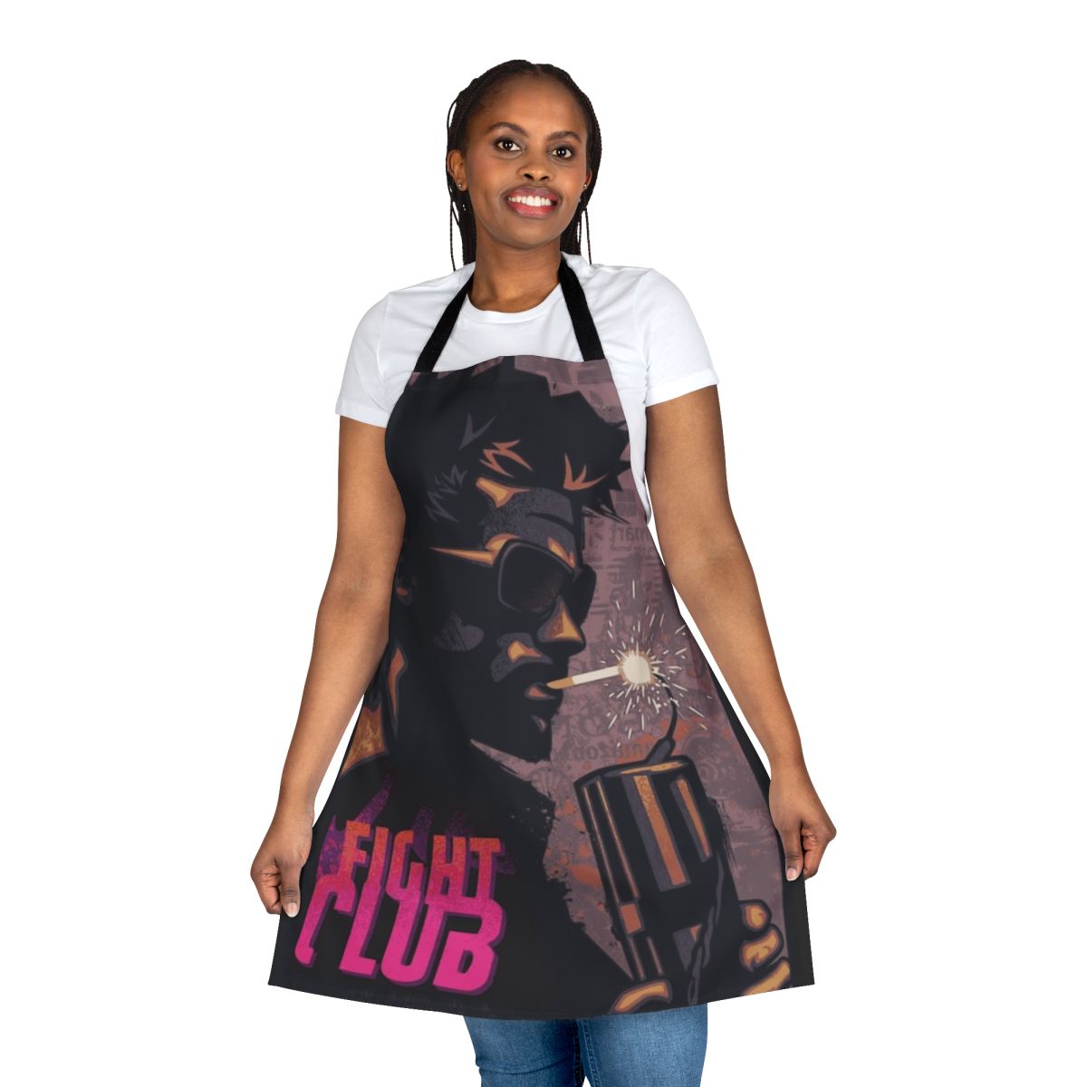 Retro-styled apron featuring an illustration of Tyler Durden from the cult film Fight Club smoking a lit dynamite stick