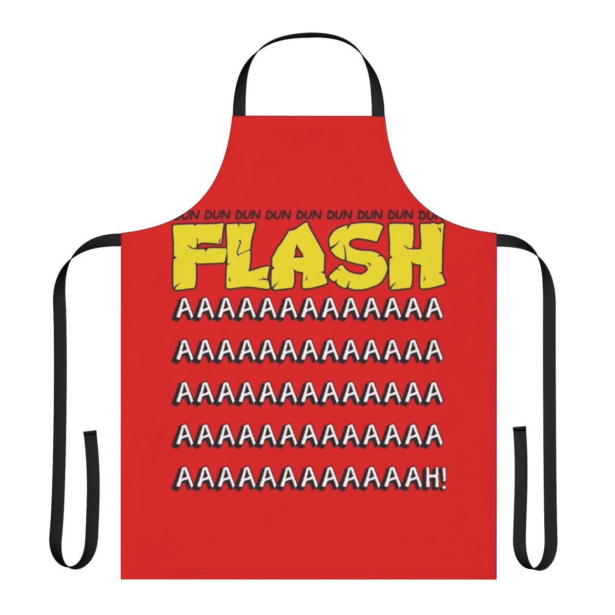 A vibrant apron featuring the iconic Flash Gordon theme music design