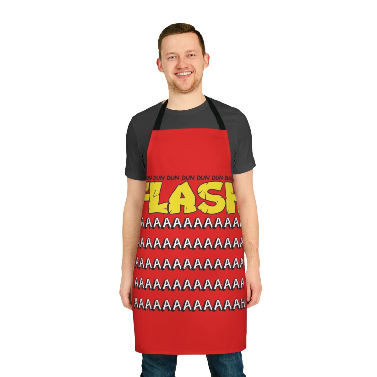A vibrant apron featuring the iconic Flash Gordon theme music design
