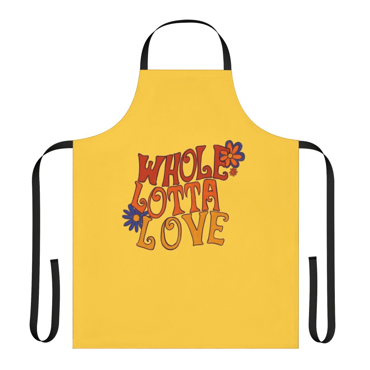 Retro floral and typography design apron inspired by 1960s and 1970s music