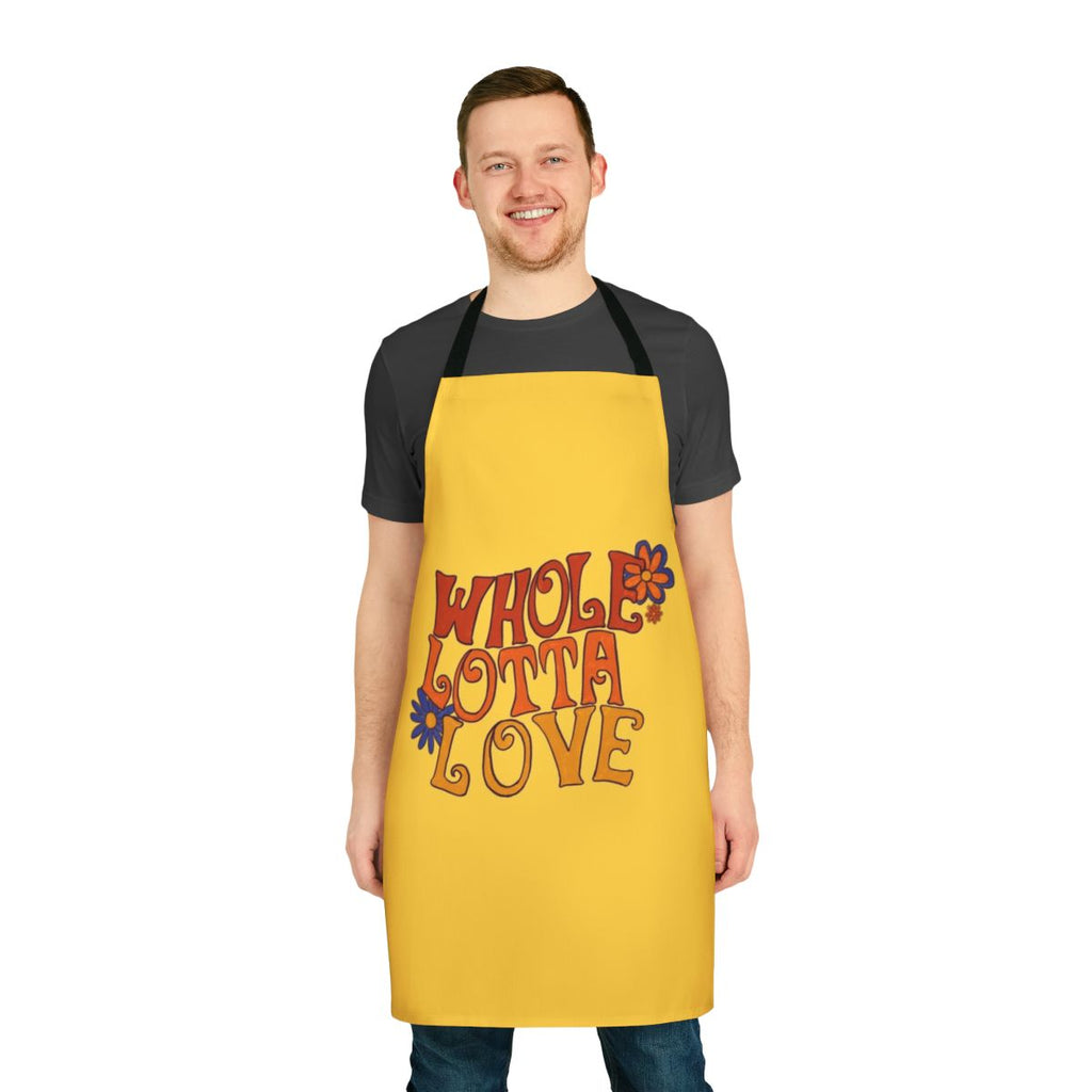 Retro floral and typography design apron inspired by 1960s and 1970s music