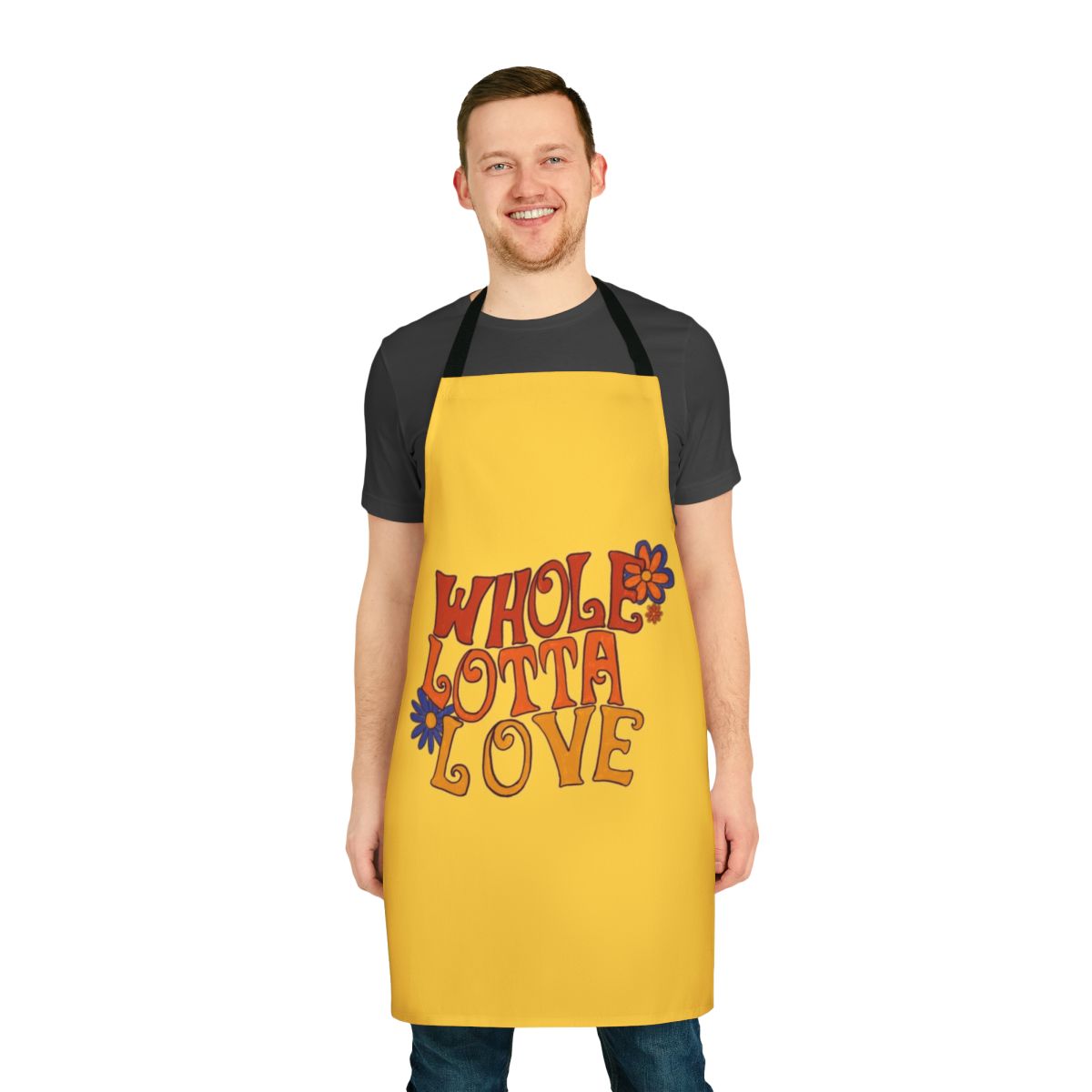 Retro floral and typography design apron inspired by 1960s and 1970s music