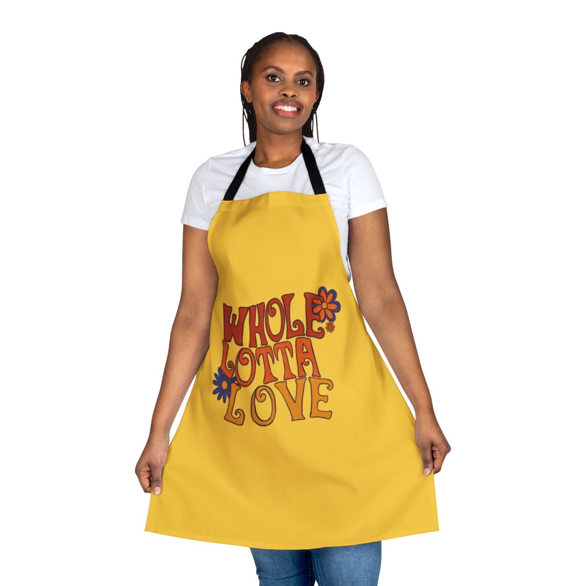 Retro floral and typography design apron inspired by 1960s and 1970s music