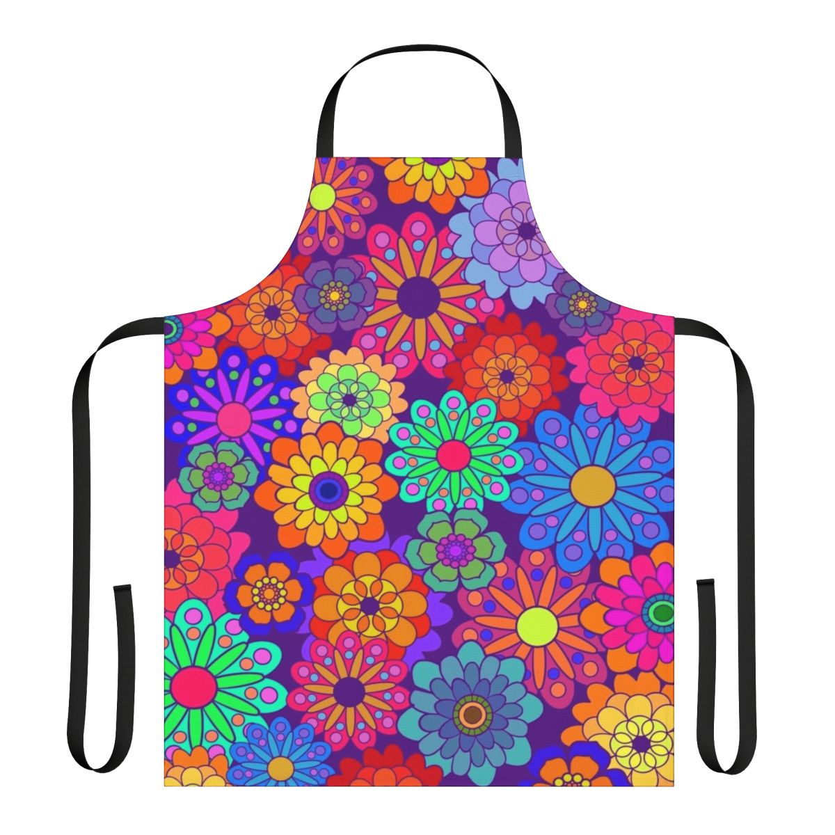 Retro-style apron with a vibrant, colorful floral and psychedelic pattern, perfect for a vintage or boho-chic kitchen.