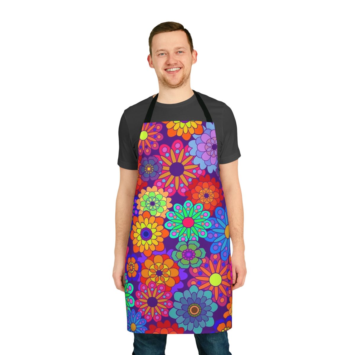 Retro-style apron with a vibrant, colorful floral and psychedelic pattern, perfect for a vintage or boho-chic kitchen.