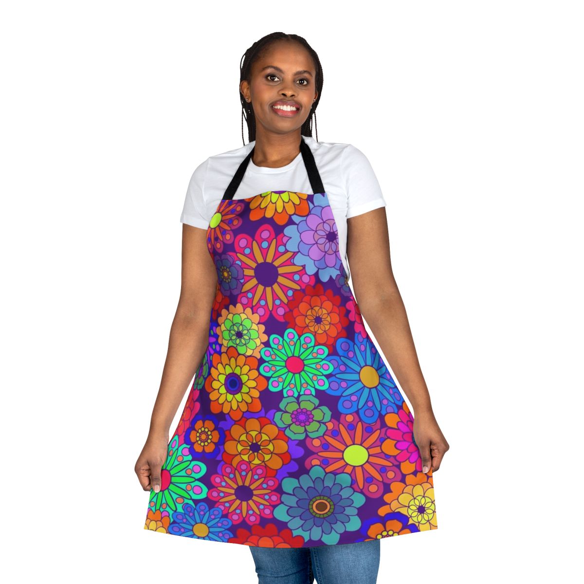 Retro-style apron with a vibrant, colorful floral and psychedelic pattern, perfect for a vintage or boho-chic kitchen.
