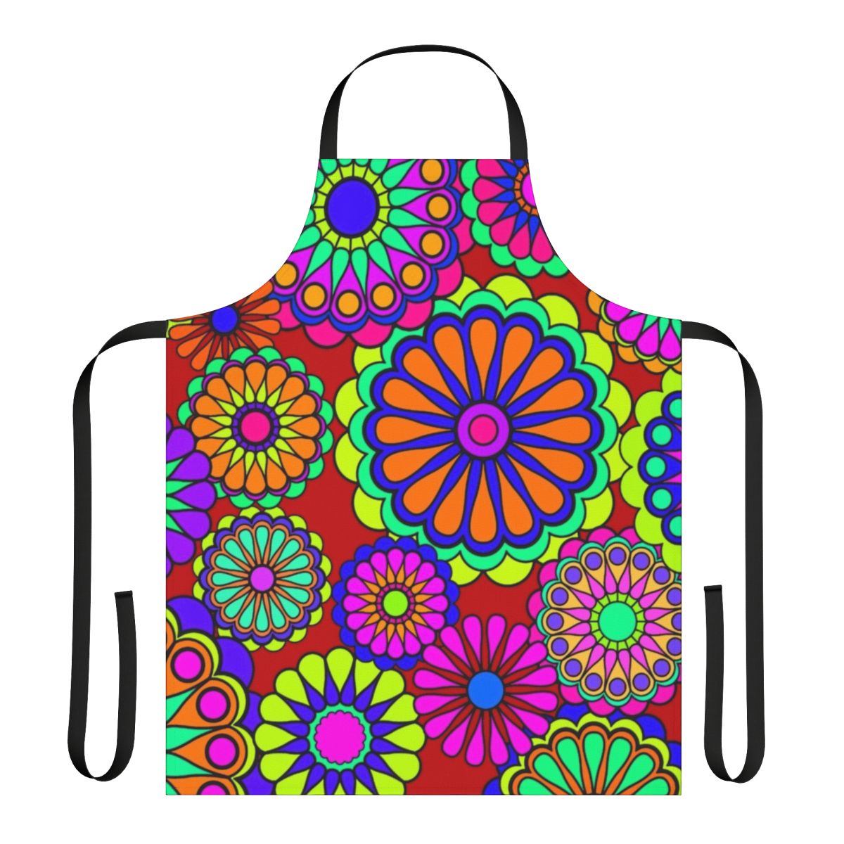 Colorful retro floral apron with vintage 1960s and 1970s inspired flower power design