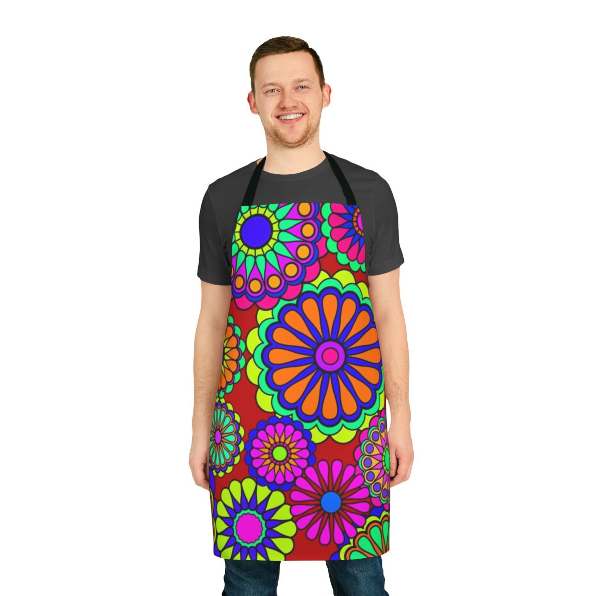Colorful retro floral apron with vintage 1960s and 1970s inspired flower power design