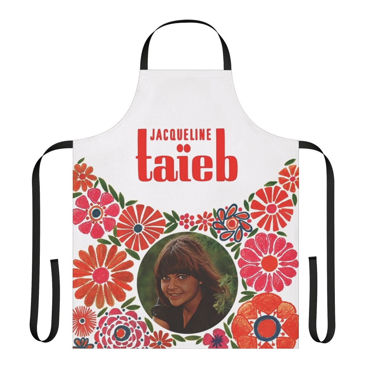 Retro floral collage apron with psychedelic design inspired by 1960s French pop artist Jacqueline Taieb