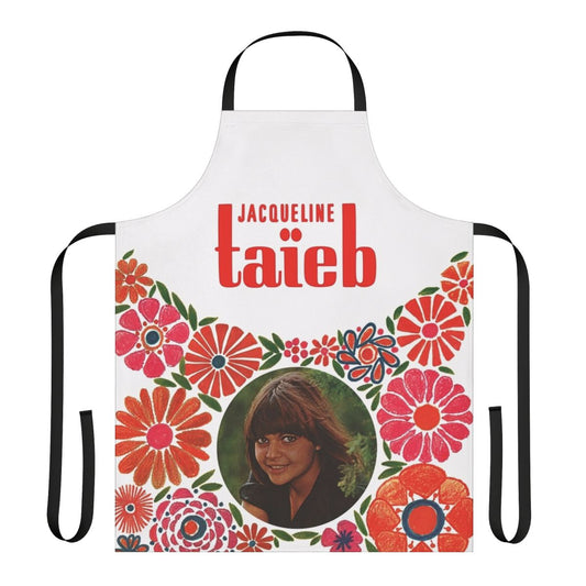 Retro floral collage apron with psychedelic design inspired by 1960s French pop artist Jacqueline Taieb