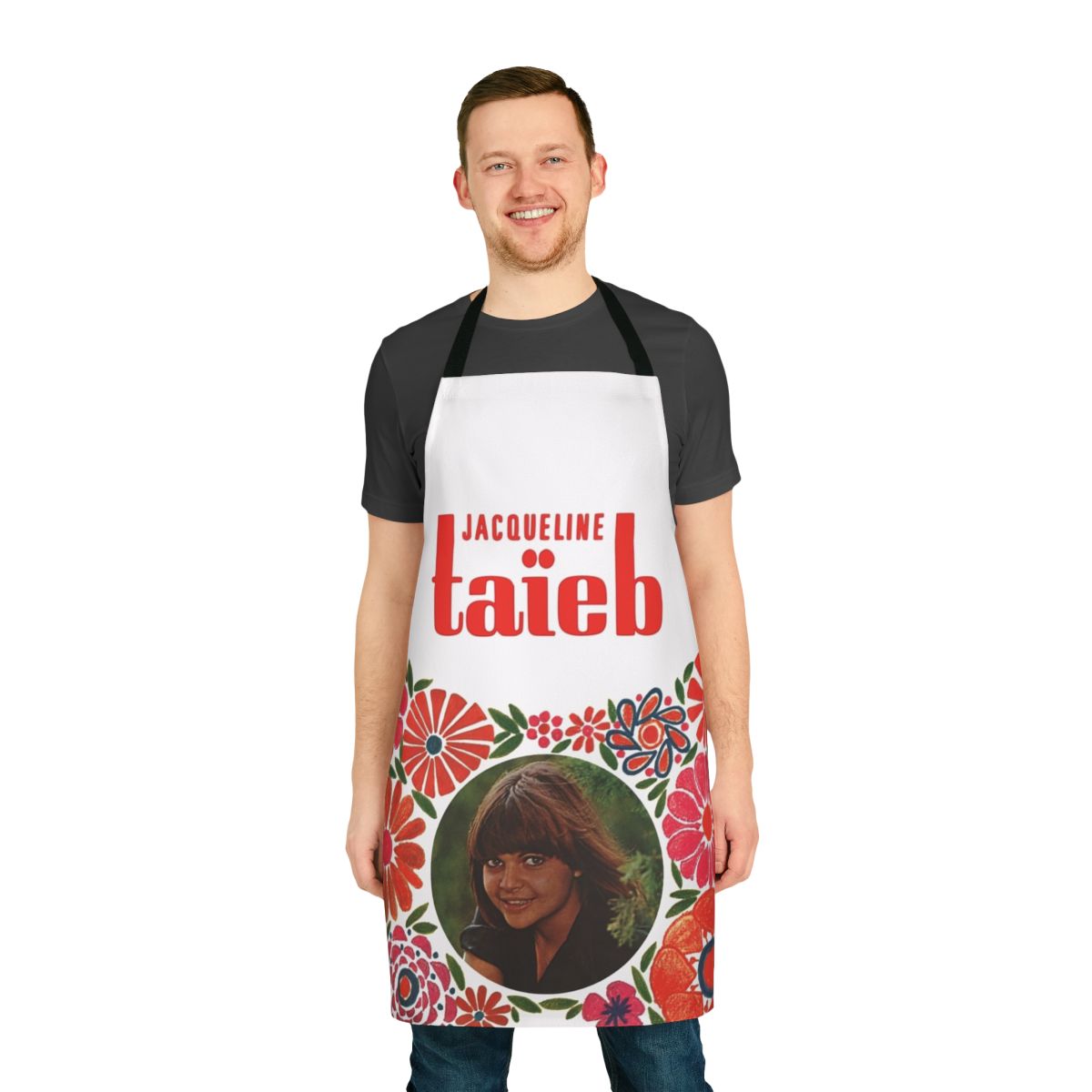 Retro floral collage apron with psychedelic design inspired by 1960s French pop artist Jacqueline Taieb